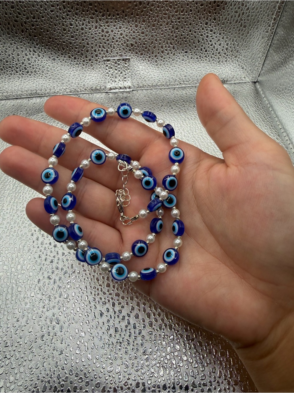 Evil Eye Beaded Necklace with Pearls - Blue